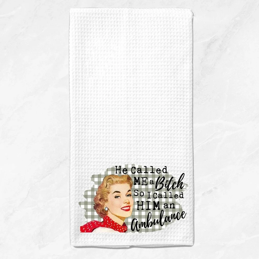 Funny Retro Waffle Weave Kitchen Towel Sarcastic Vintage Woman Graphic White